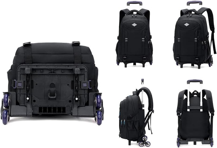 Gedetailleerde foto van de multi-pocket jongens schooltas met zeswielige trolleyfunctie. Ideaal voor school.