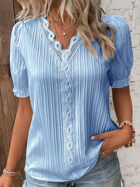 "Kanten blouse korte mouwen, elegante witte stof, perfect voor formele en casual gelegenheden, ademend en stijlvol."