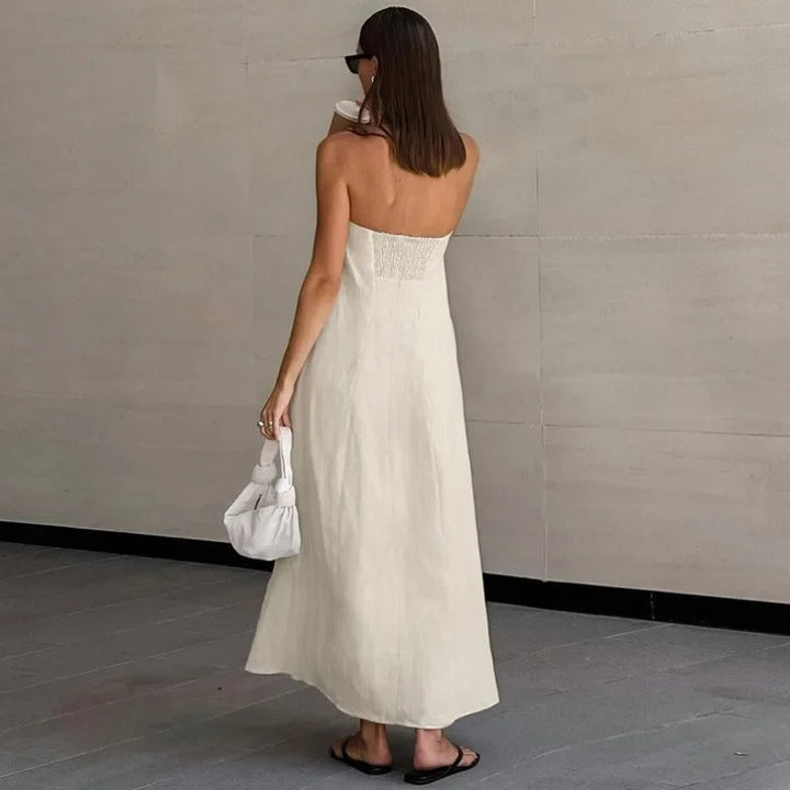 Luchtige khaki strapless maxi zomerjurk voor dames, comfortabel en casual, ideaal voor warme dagen.