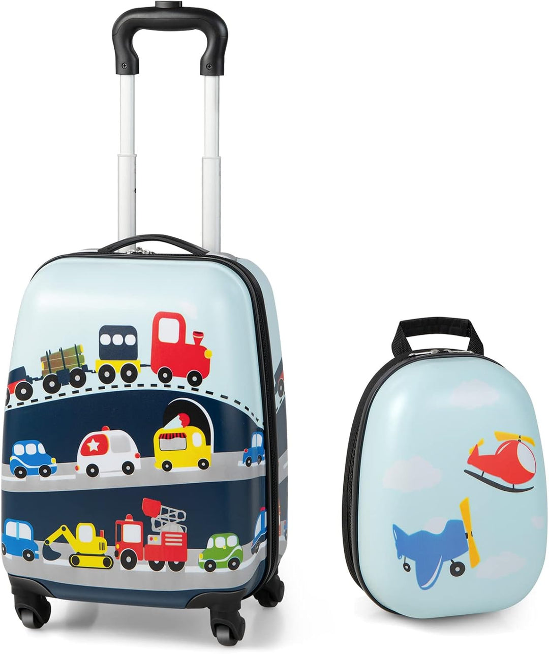 Kinder 2-delige harde koffer en rugzakset met vrolijk helikopterdesign, perfect voor reizen.