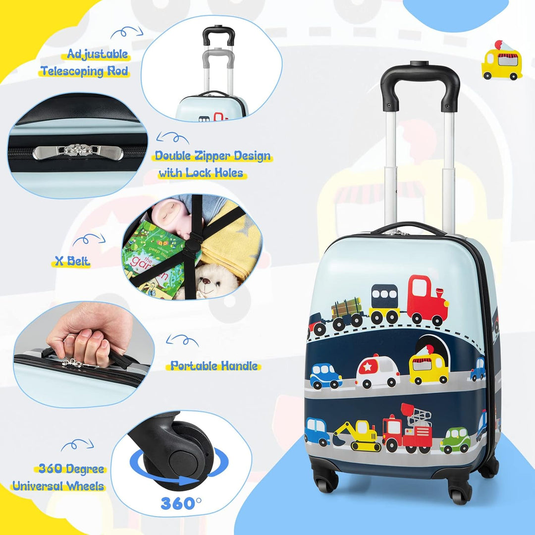 Vrolijke kinderkoffer en rugzak met helikopterprint, speciaal ontworpen voor comfortabel reizen.