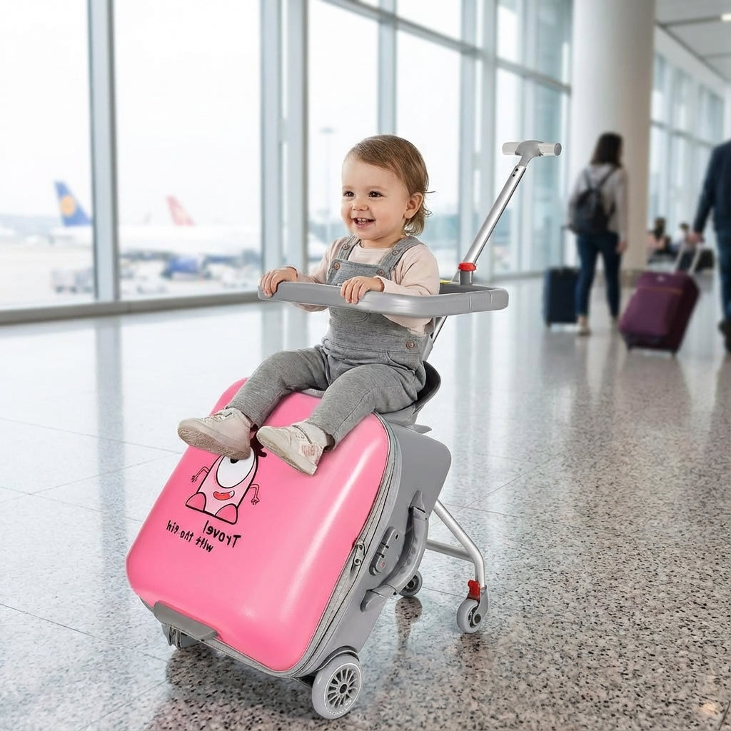 Kinderhandbagage met zitje, uitbreidbaar voor comfortabel reizen, perfect voor gezinsvakanties.