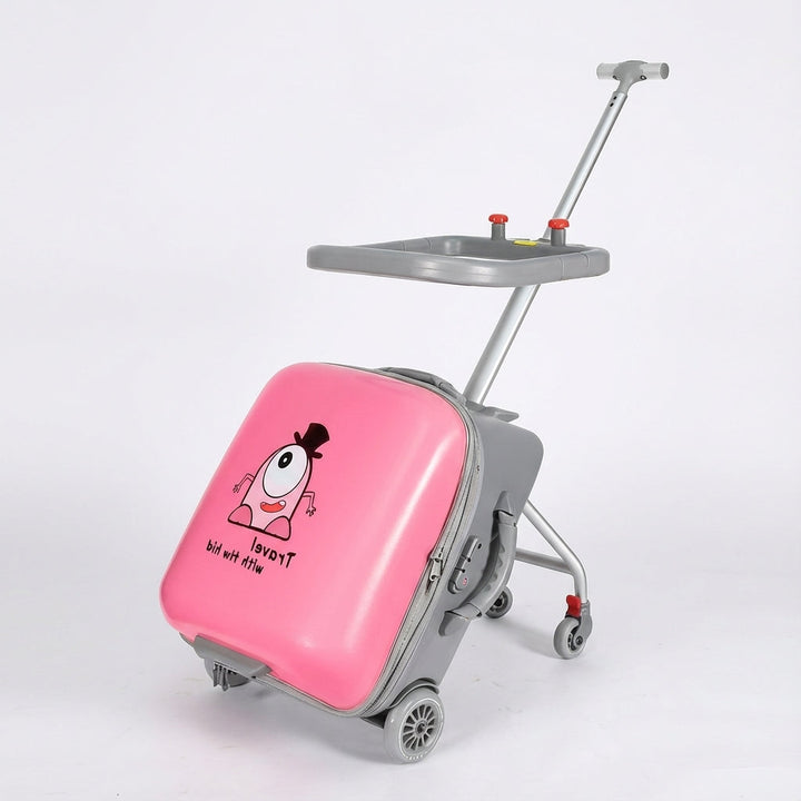 Kindertrolley met geïntegreerd zitje, ideaal voor vermoeide kinderen op de luchthaven of tijdens het wachten.