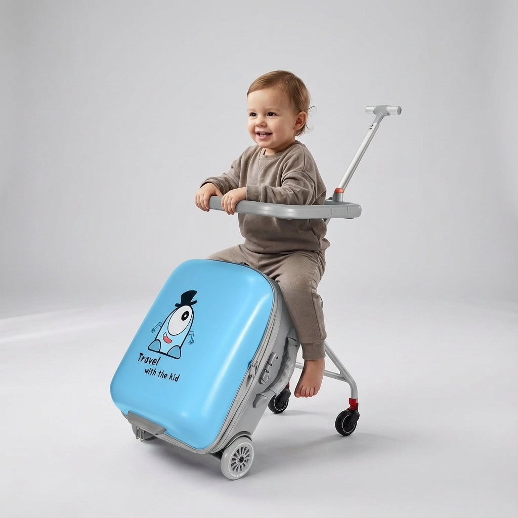 Blij kind zit ontspannen op zijn WheeleyKid handbagage koffer, klaar voor een avontuurlijke vliegvakantie.