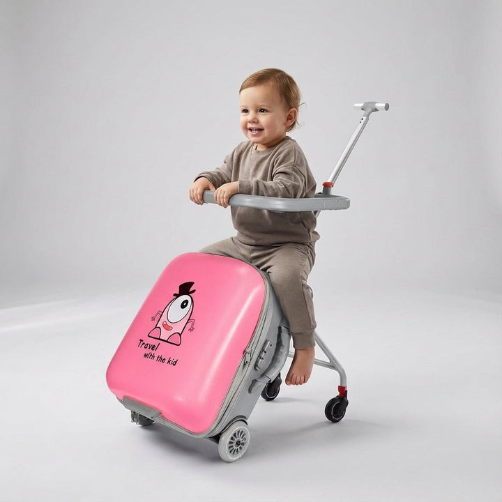 WheeleyKid uitbreidbare kinderhandbagage met zitje, de compacte kinderkoffer voor ontspannen gezinsreizen.