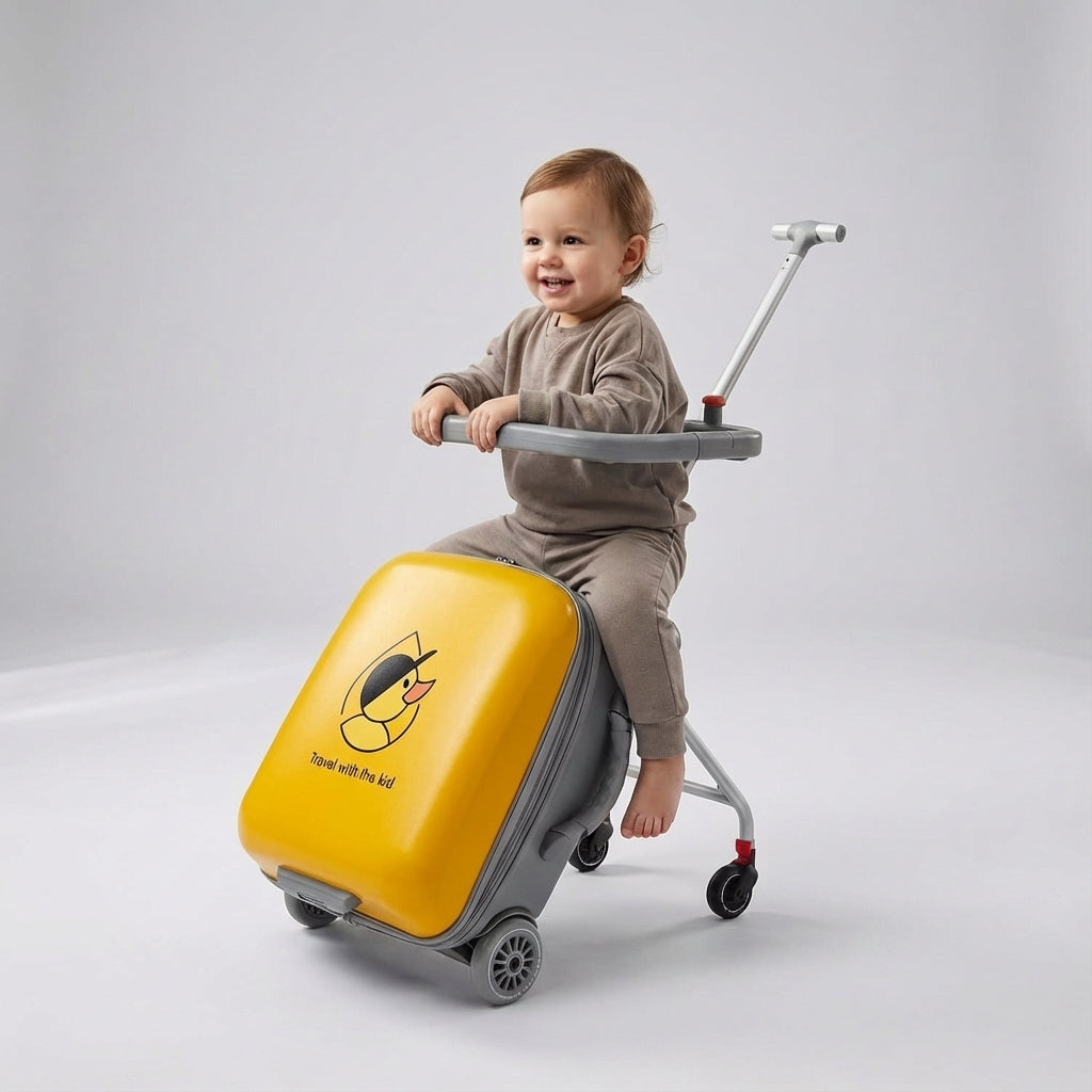 Praktische kinderkoffer met zitje en ruime uitbreidbare opbergmogelijkheden, ideaal voor elke gezinsvakantie.