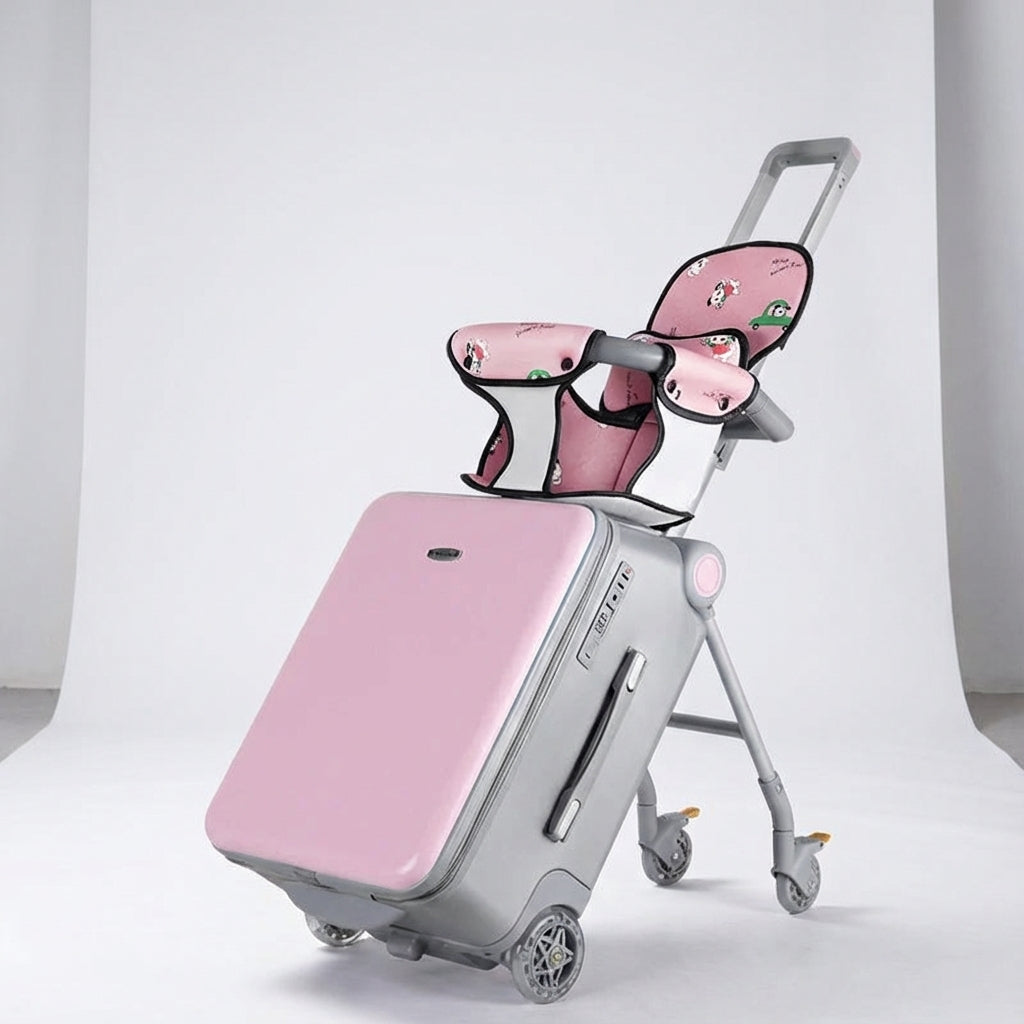 Ouders trekken RideBuddy kinderkoffer met zittend kind: Gemakkelijk reizen door de luchthaven met deze multifunctionele rideon koffer.