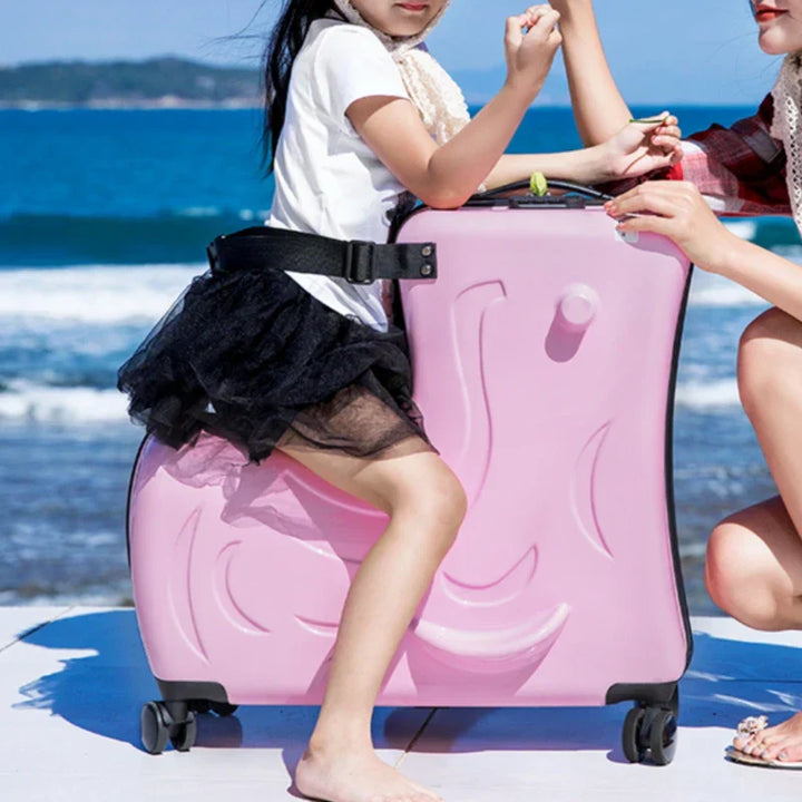 Pony design kinderreiskoffer met zitfunctie, perfect voor kindervakanties en als handige reisbagage.