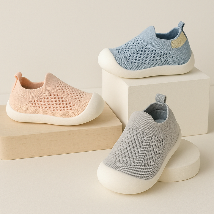 "Kindersneakers met antislipzool in zachte pastelkleuren, ideaal voor actieve en modieuze avonturiers."