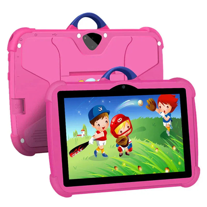 Duurzame 7 inch kindertablet voor leren en spelen, met 64GB opslag en kleurrijk cartoon design, speciaal voor kinderen.
