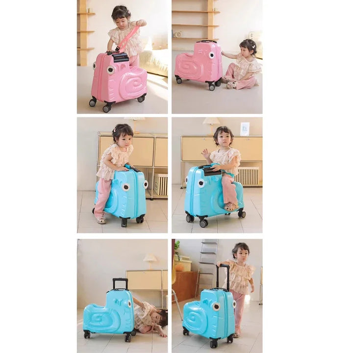Leuke kinderkoffer met scooter voor speelse reizen; de ideale reistrolley met zitcomfort voor kinderen.