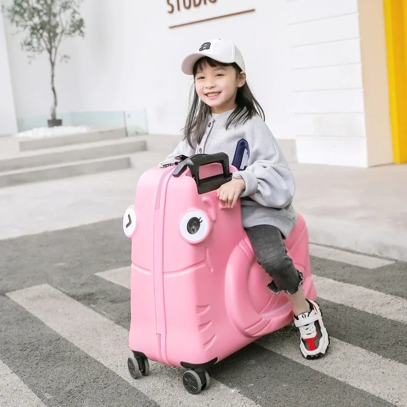 Veelzijdige kinderreistrolley met zit- en scooterfunctie; stevige harde koffer voor kinderreizen.