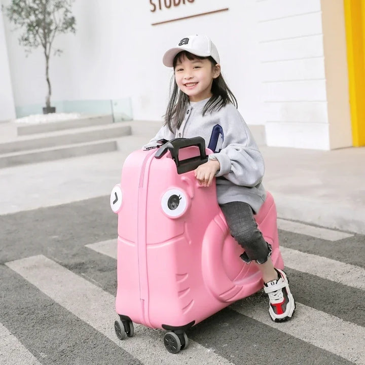 Veelzijdige kinderreistrolley met zit- en scooterfunctie; stevige harde koffer voor kinderreizen.