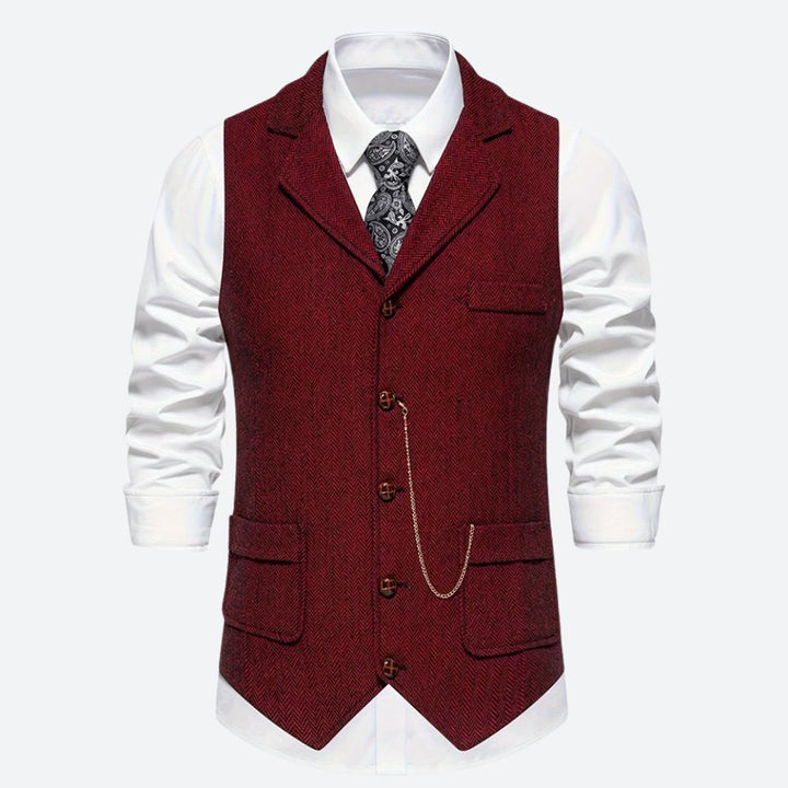 Klassiek herengilet met visgraatmotief, stijlvol en tijdloos, ideaal voor formele en zakelijke gelegenheden.