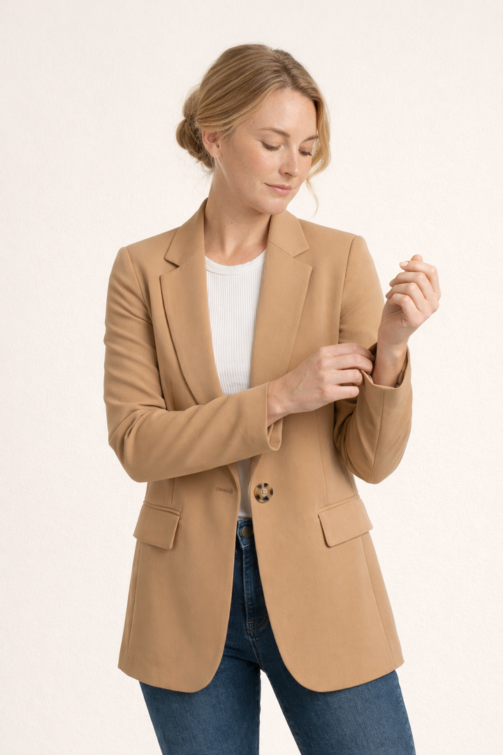 Slim fit dames blazer met reverskraag en knoopsluiting, ideaal voor zakelijke en veelzijdige outfits.