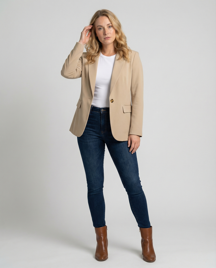 Elegante dames blazer met reverskraag, enkele knoopsluiting. Een klassieke slim fit voor elke gelegenheid.