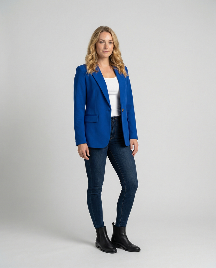 Dames klassieke blazer met knoopsluiting & reverskraag. Slim fit, elegant voor zakelijk of casual chic gebruik.