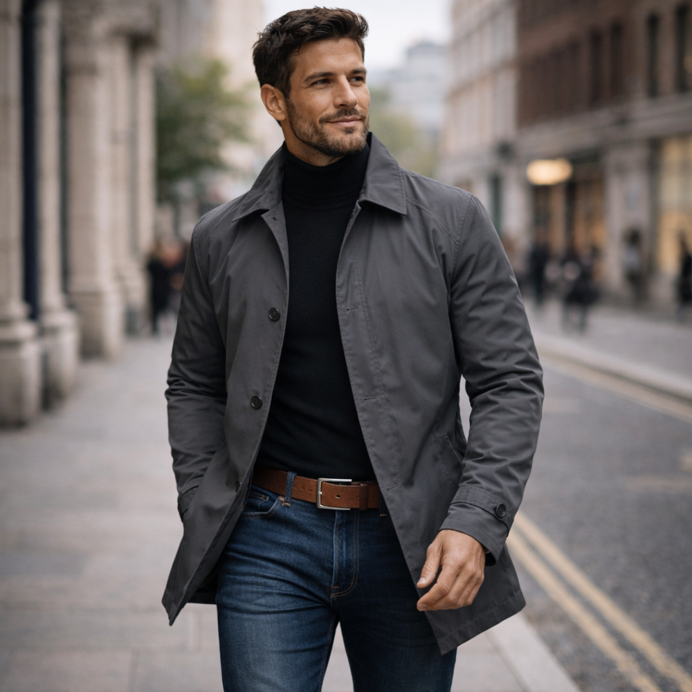 Gedetailleerde close-up van de knoopsluiting van een tijdloze slim fit herenjas, ideaal voor winter.