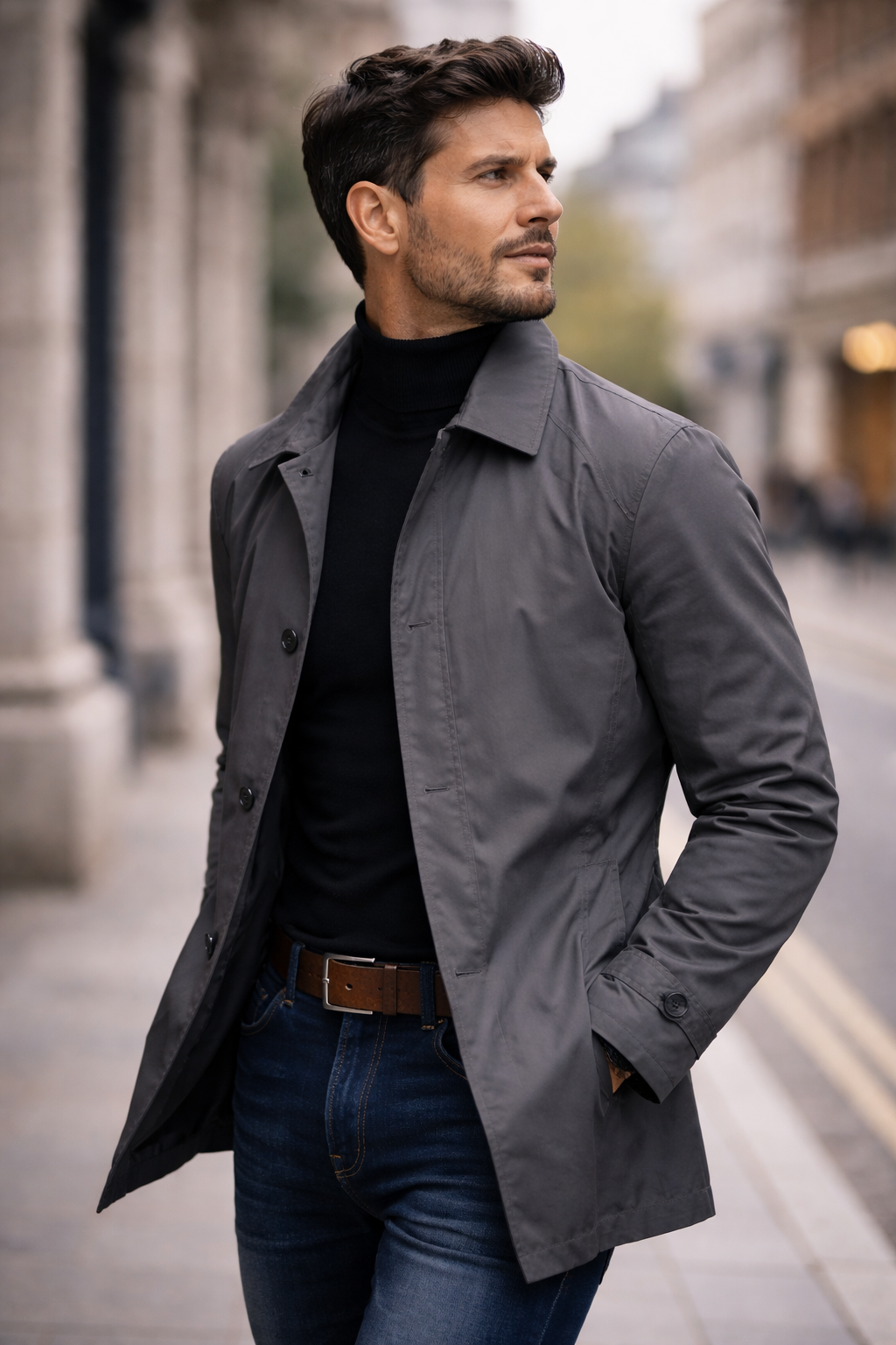Elegante heren winterjas, lange trenchcoat met knoopsluiting en reverskraag, voor een zakelijke look.