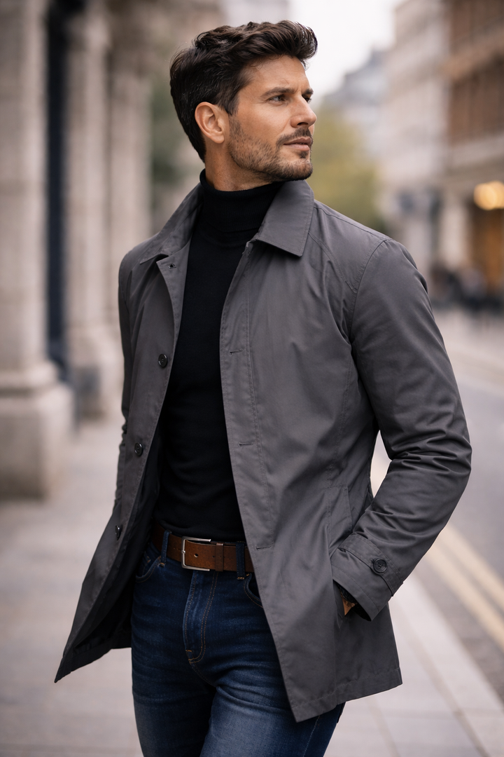 Elegante heren winterjas, lange trenchcoat met knoopsluiting en reverskraag, voor een zakelijke look.
