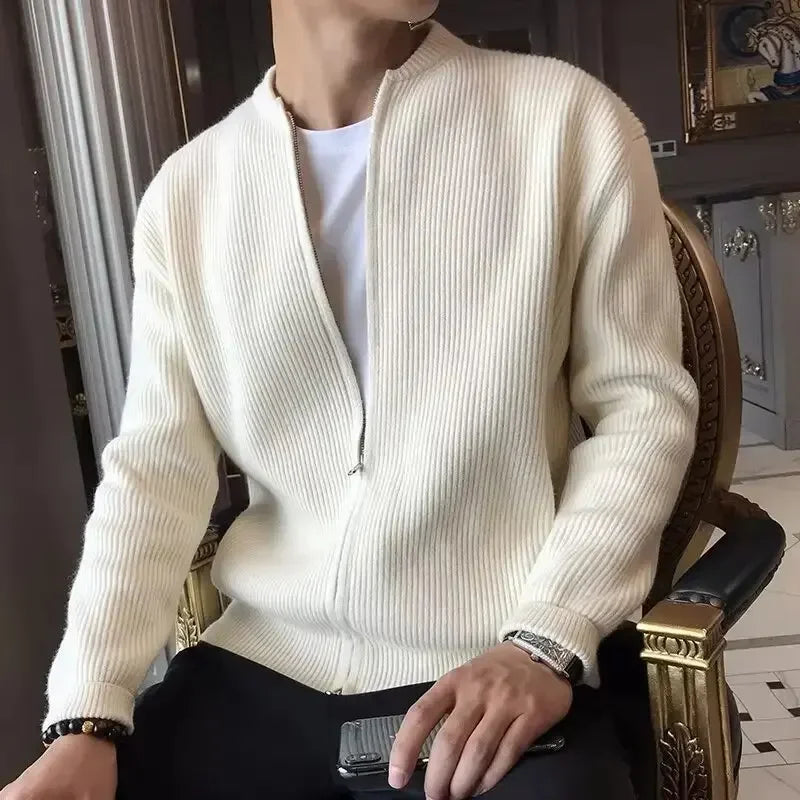 "Klassieke herensweater met ritssluiting, beige kleur, lange mouwen, katoenen stof, veelzijdig voor casual en formele gelegen
