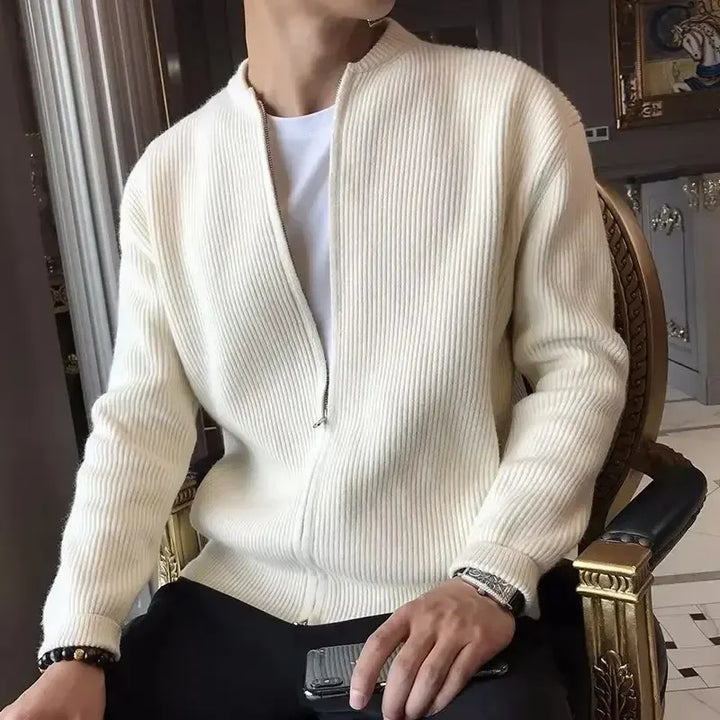 "Klassieke herensweater met ritssluiting, beige kleur, lange mouwen, katoenen stof, veelzijdig voor casual en formele gelegen