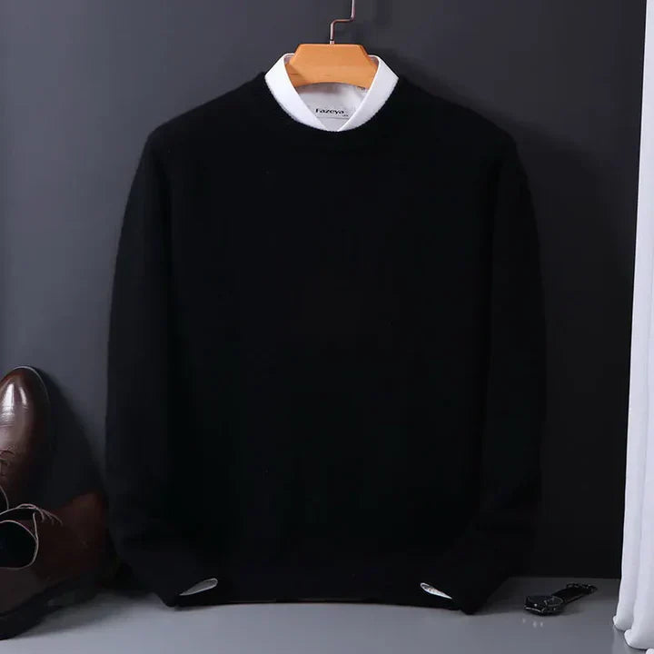 "Klassieke kasjmier heren trui, grijs, met elastische boorden. Luxe en comfortabele sweater voor heren, tijdloos design."