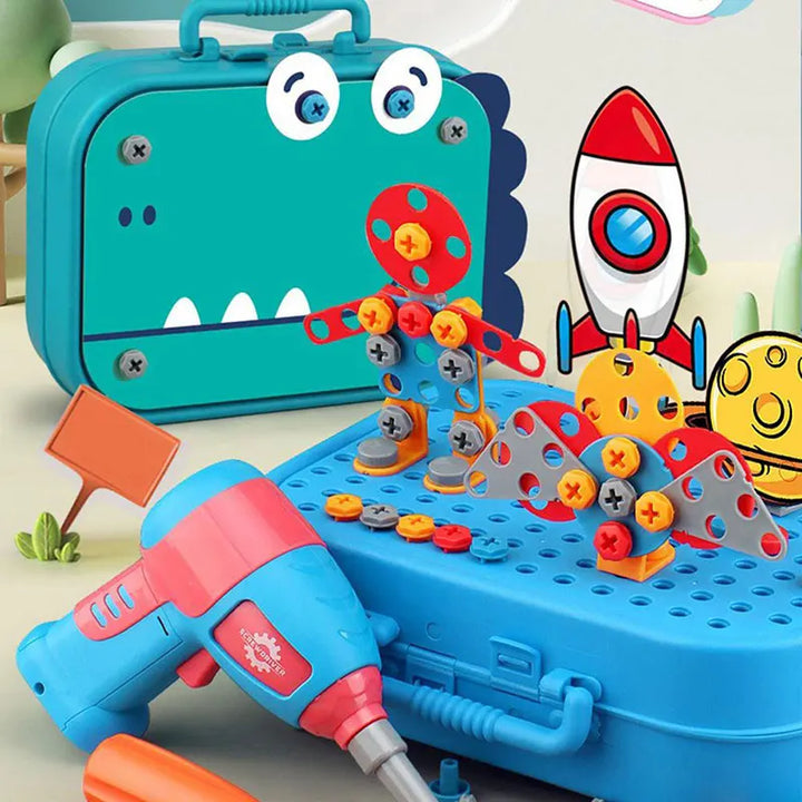 Kleurrijke Screw Set bouwspeelgoed voor kinderen, bevat elektrische boor en onderdelen in stevige opbergkoffer, educatief plezier