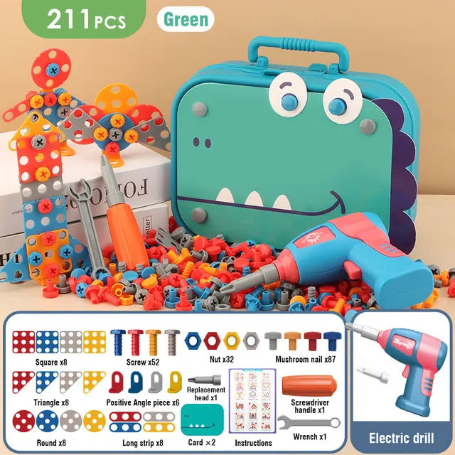 Kleurrijke Screw Set bouwspeelgoed voor kinderen, bevat elektrische boor en onderdelen in stevige opbergkoffer, educatief plezier