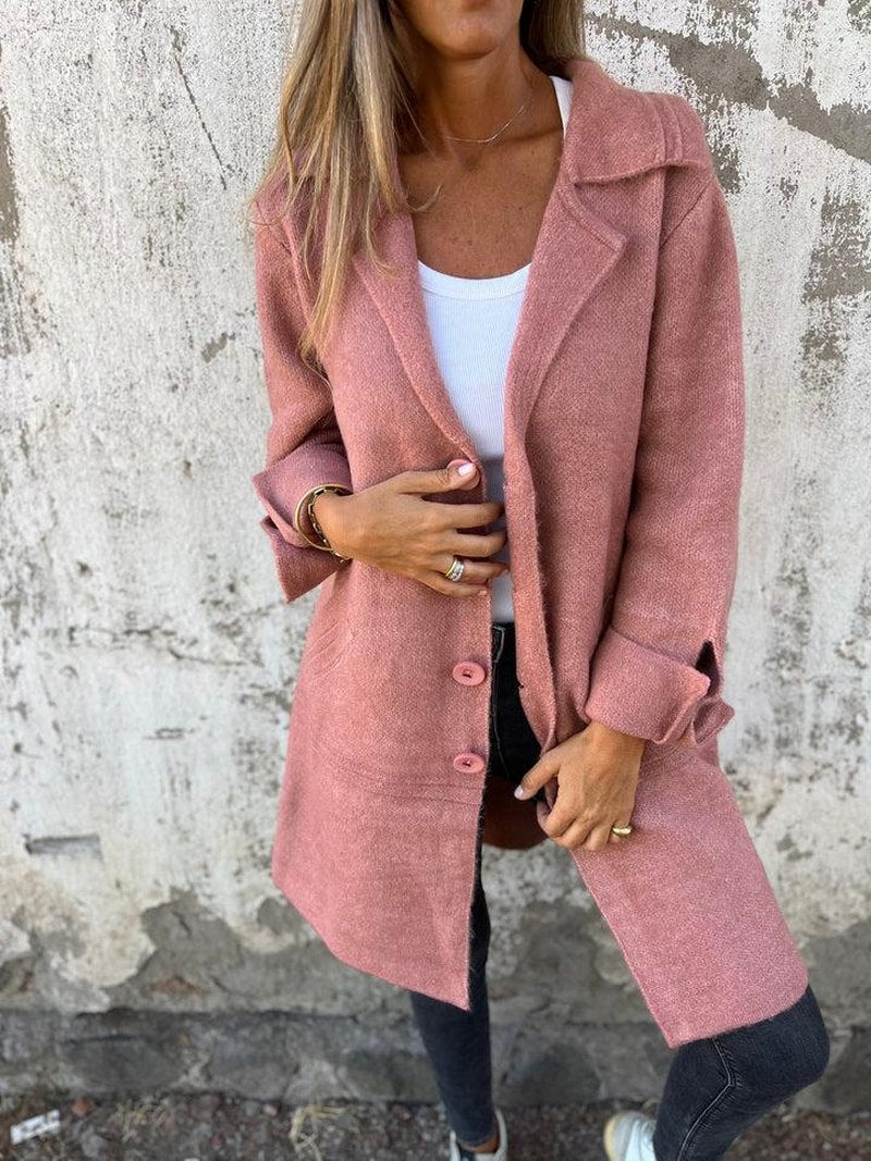 Elegante lange cardigan voor dames met reverskraag, perfect als veelzijdige vestjas voor elk tussenseizoen.