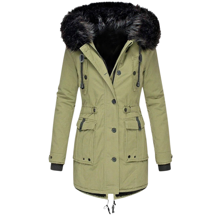Lange dames winterjas met capuchon, gewatteerde stof en stevige rits, voor stijlvolle warmte en bescherming in de winter.