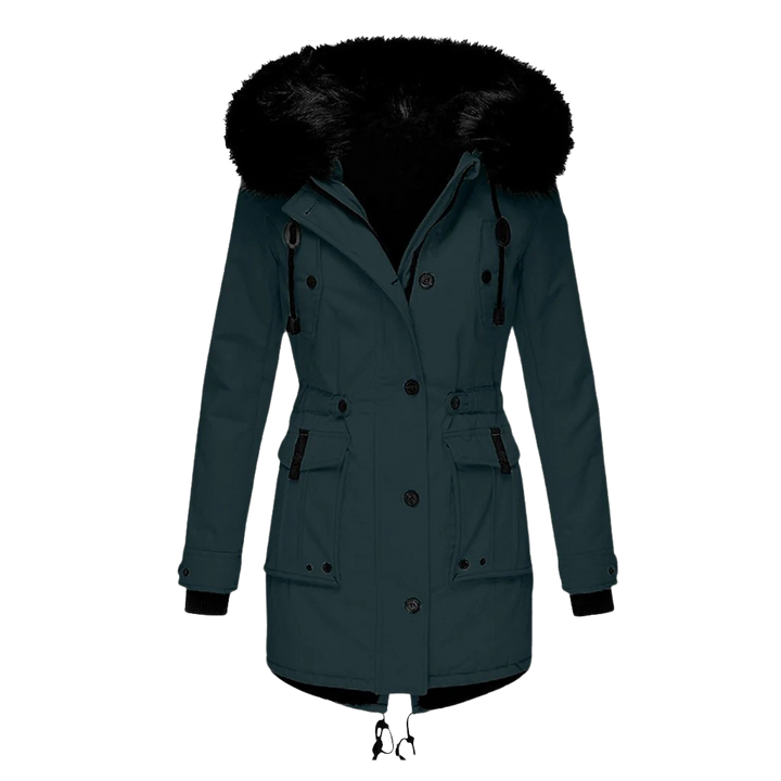 Lange dames winterjas met capuchon, gewatteerde stof en stevige rits, voor stijlvolle warmte en bescherming in de winter.