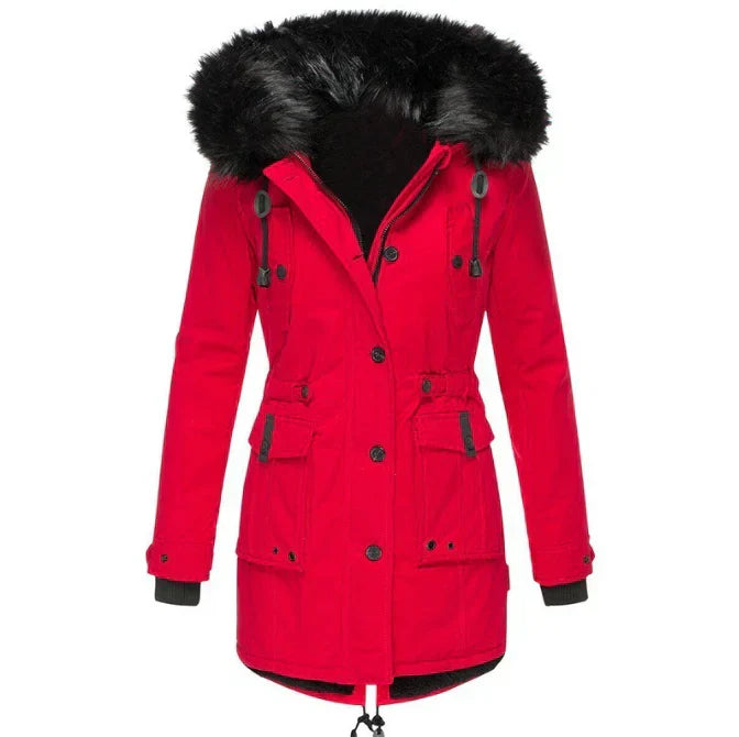 Lange dames winterjas met capuchon, gewatteerde stof en stevige rits, voor stijlvolle warmte en bescherming in de winter.