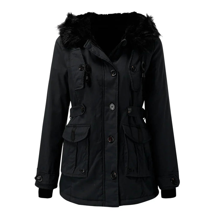 Lange dames winterjas met capuchon, gewatteerde stof en stevige rits, voor stijlvolle warmte en bescherming in de winter.