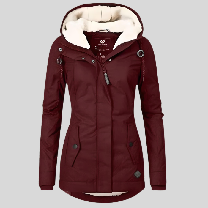 Elegante waterdichte dameswinterjas met capuchon en lange snit, perfect voor warmte en comfort in de winter.