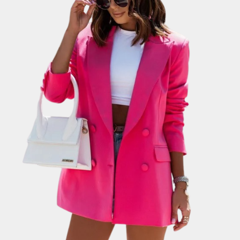 "Lange damesblazer met opvallende knoopdetails, elegante voorzakken, getailleerde pasvorm. Perfect voor elke gelegenheid."
