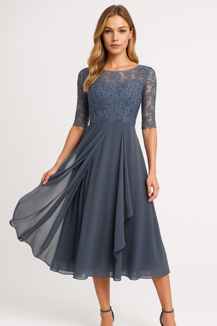 "Lange elegante dames maxi avondjurk in blauw polyester met ronde hals en halflange mouwen, zomer stijl."