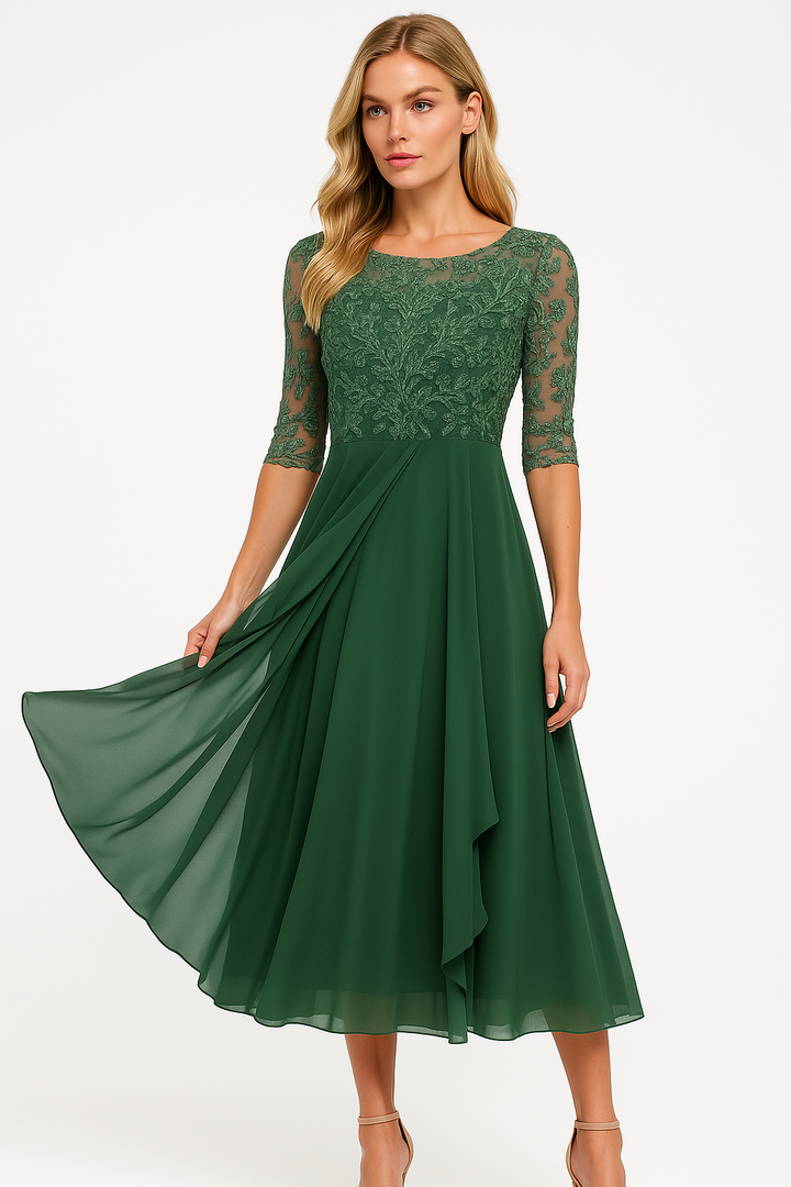 "Lange elegante dames maxi avondjurk in blauw polyester met ronde hals en halflange mouwen, zomer stijl."