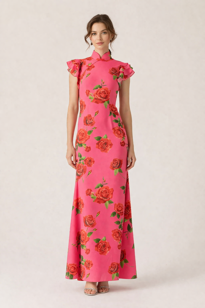 Lange gebloemde damesjurk met elegante casual stijl, ideaal voor lente en zomer.
