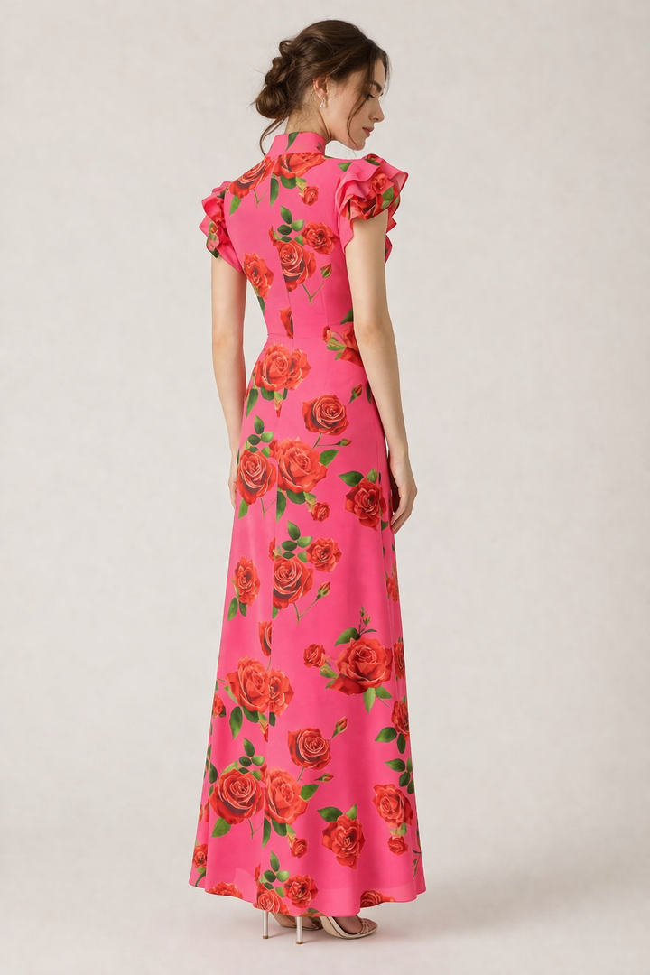 Roze gebloemde maxi jurk voor dames, perfect als zomerjurk met hoge hals.