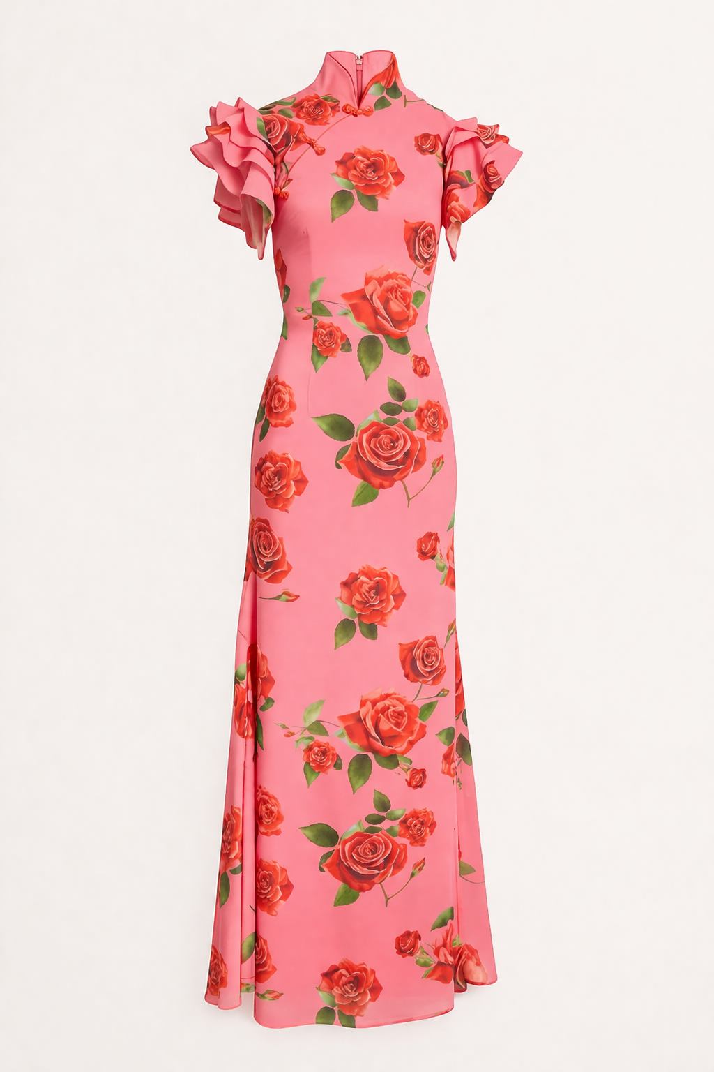 Casual elegante lange damesjurk, gebloemde roze maxi jurk met hoge hals, perfecte lente/zomer mode.