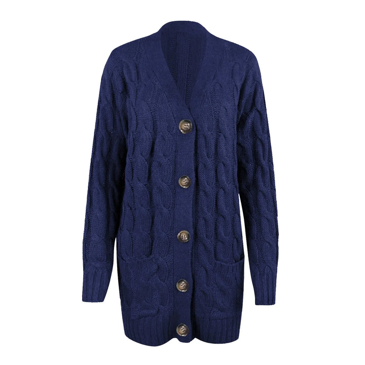 "Lange gebreide damescardigan in zachte stof met knoopsluiting en zakken, ideaal voor casual lente looks."