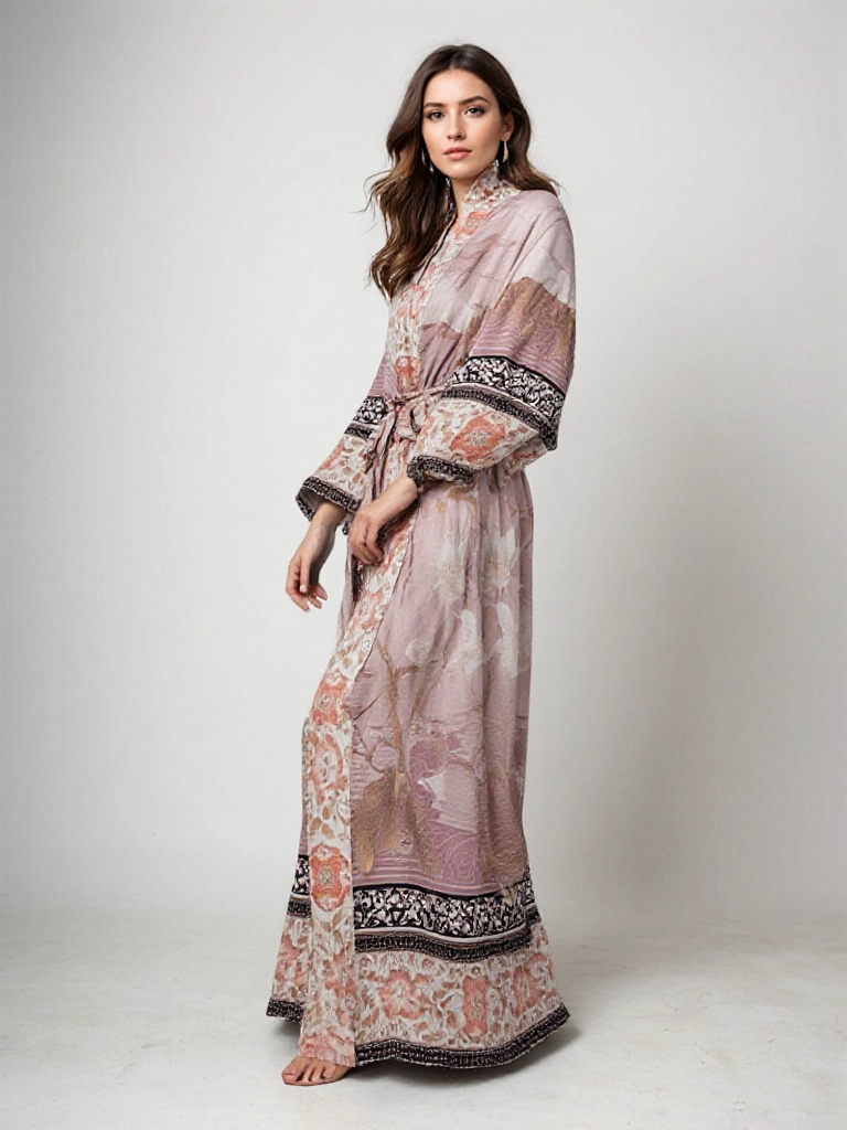 "Lange kimono dames met subtiele bloemenprint en zachte stof, vloeiende pasvorm en ceintuur in taille."