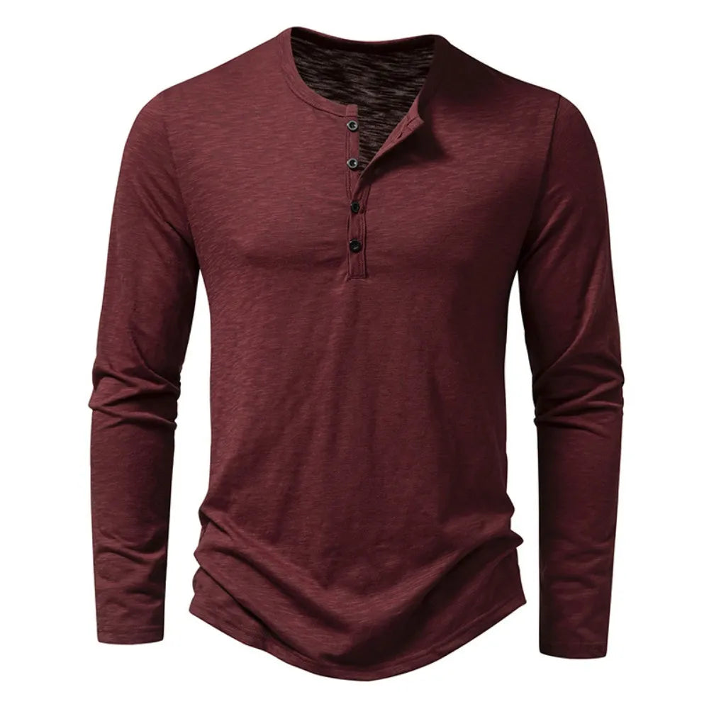 "Lange mouwen Henley overhemd heren in effen kleur met knoopsluiting, stijlvol en comfortabel voor casual en geklede looks."