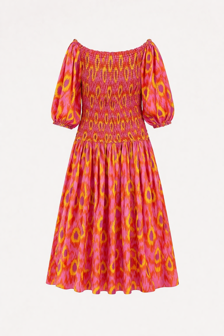 Trendy dames maxi jurk, off-shoulder model met delicate ruches, comfortabel en feestelijk.