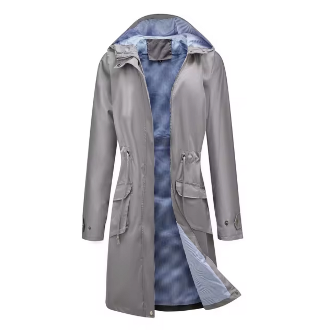 "Lange waterdichte damesjas met capuchon, beschermt tegen regen en wind, flatterend silhouet, outdoor gebruik."