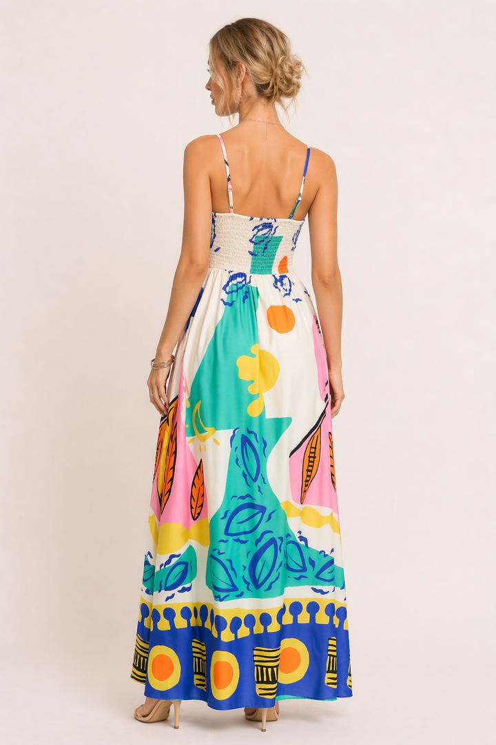 Casual lange zomerjurk voor dames met levendige grafische print en dunne spaghetti bandjes. Comfortabele en stijlvolle keuze.