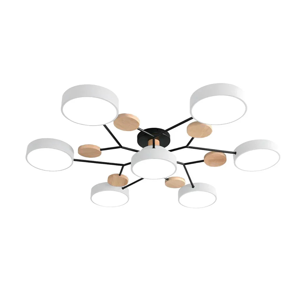 "LED plafondlamp modern Scandinavisch design, metaal en hout, artistieke lichttakken, warme en dimbare verlichting."