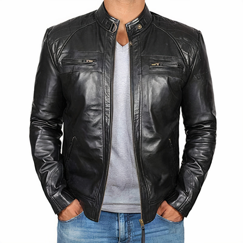 Leren motorjack voor heren, stoere vintage look, robuust met bescherming, ideaal voor ritten en casual gebruik.
