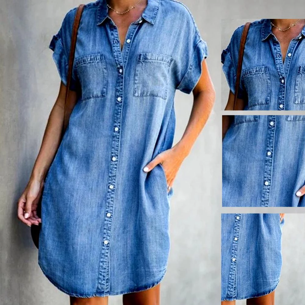 "Lichtblauwe denim damesjurk met comfortabele pasvorm voor casual elegantie in lente en zomer, gemaakt van katoenmix."